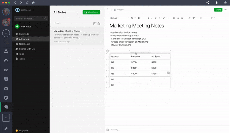 evernote table delete rows and columns